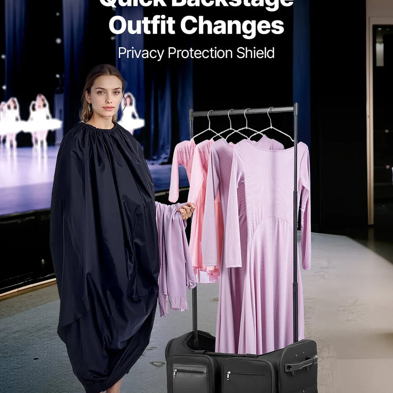 VEVOR deju soma ar apģērbu statīvu, 584,2 mm ripojoša deju ceļojumu soma ar riteņiem, USB pieslēgvieta, augstumā regulējams drēbju pakaramais un privātuma aizkars, piemērota ceļošanai un sacensībām, matēti melna