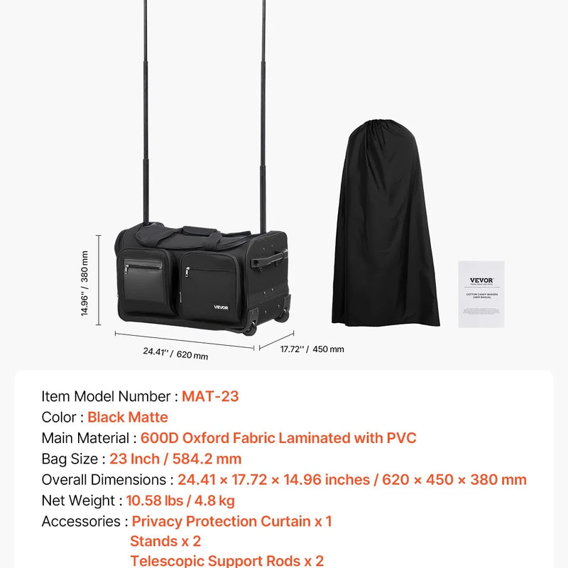VEVOR deju soma ar apģērbu statīvu, 584,2 mm ripojoša deju ceļojumu soma ar riteņiem, USB pieslēgvieta, augstumā regulējams drēbju pakaramais un privātuma aizkars, piemērota ceļošanai un sacensībām, matēti melna