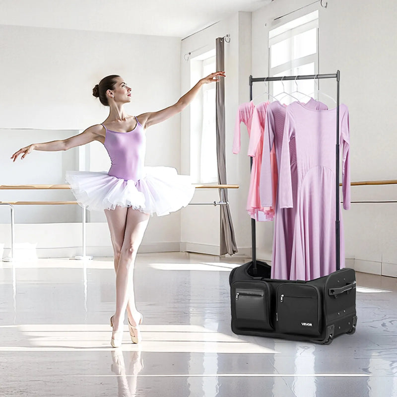 VEVOR deju soma ar apģērbu statīvu, 584,2 mm ripojoša deju ceļojumu soma ar riteņiem, USB pieslēgvieta, augstumā regulējams drēbju pakaramais un privātuma aizkars, piemērota ceļošanai un sacensībām, matēti melna