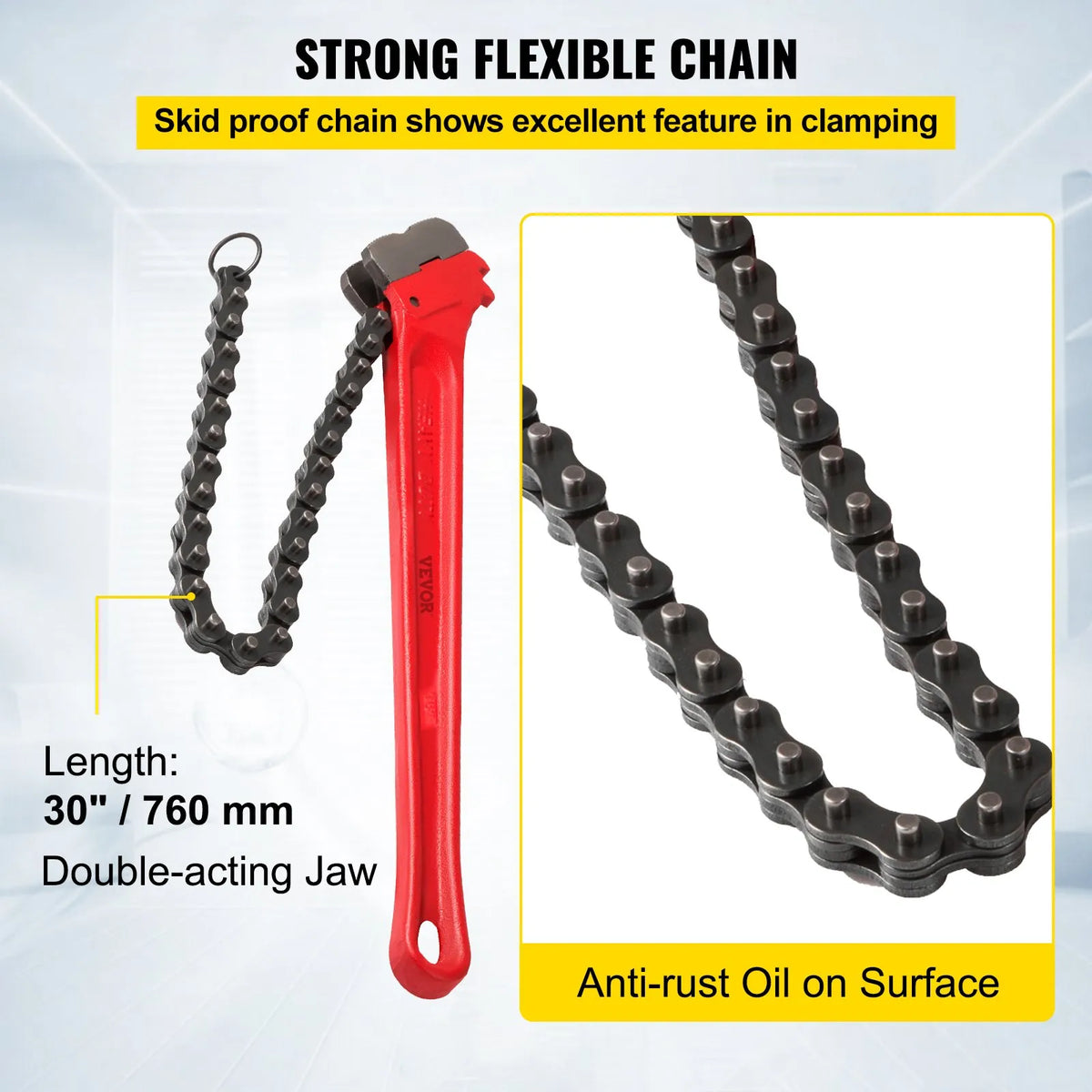 VEVOR Chain Pipe Wrench, 910 mm Length, Heavy-Duty Tool for Oil Filters and Pipe Gripping, Working Range 114–190 mm, Chain Length 760 mm