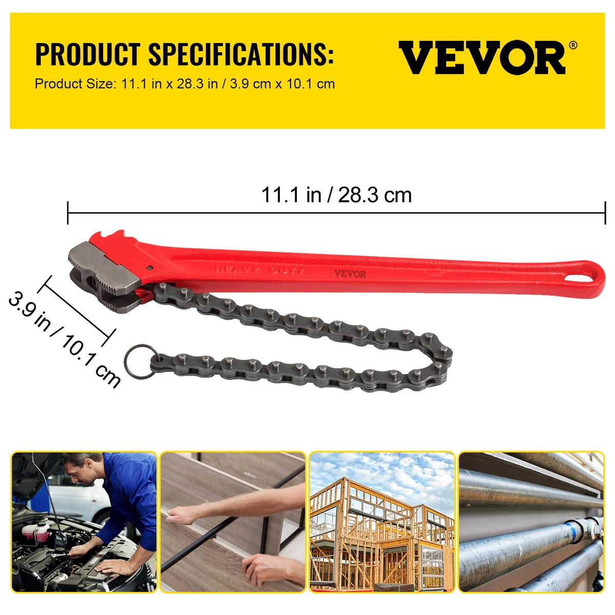 VEVOR Chain Pipe Wrench, 910 mm Length, Heavy-Duty Tool for Oil Filters and Pipe Gripping, Working Range 114–190 mm, Chain Length 760 mm