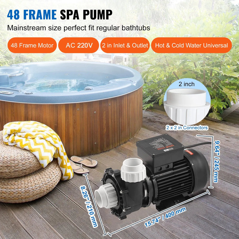 VEVOR divu ātrumu SPA sūknis, 48 rāmis, 1100 W augstais režīms 35 m³/h ar 13 m pacēlumu vai 250 W zemais režīms 14 m³/h ar 2,8 m pacēlumu, Ø50 mm pieslēgums ar 90° grozāmu savienojumu, TÜV sertificēts
