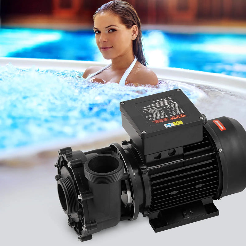 VEVOR divu ātrumu SPA sūknis, 48 rāmis, 1100 W augstais režīms 35 m³/h ar 13 m pacēlumu vai 250 W zemais režīms 14 m³/h ar 2,8 m pacēlumu, Ø50 mm pieslēgums ar 90° grozāmu savienojumu, TÜV sertificēts