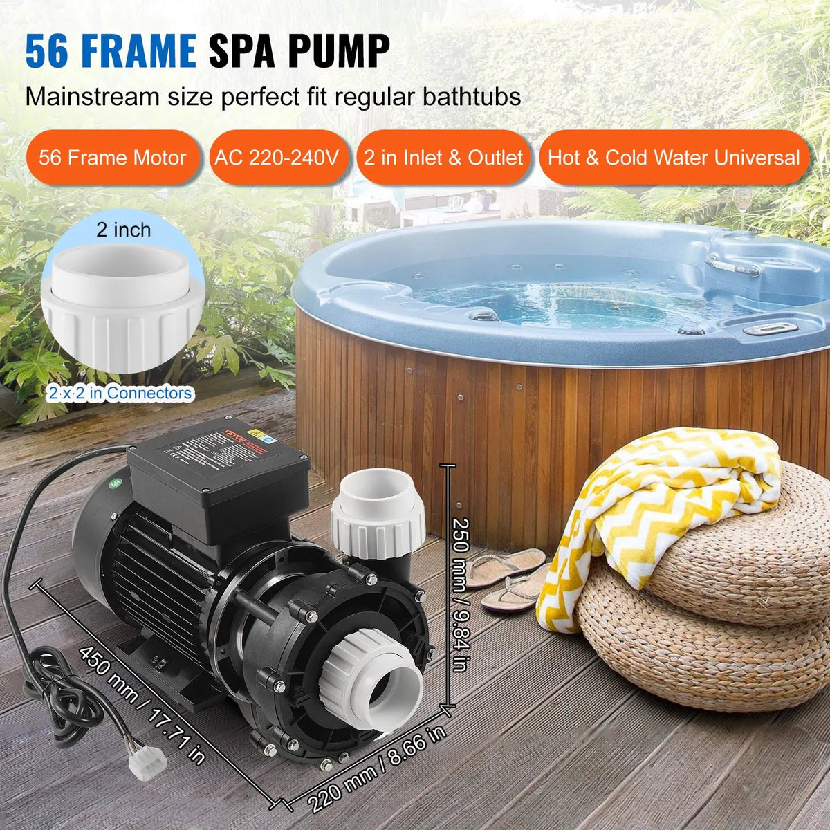VEVOR Two-Speed SPA Pump, 56 Frame, 1600 W High Mode 39 m³/h with 15 m Head or 400 W Low Mode 19 m³/h with 3.9 m Head, Ø50 mm Connection with 90° Swivel Coupling, TÜV Certified