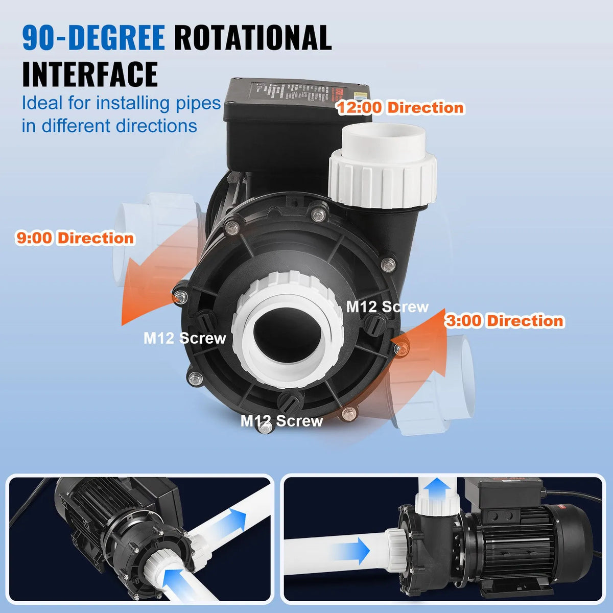 VEVOR Two-Speed SPA Pump, 56 Frame, 1600 W High Mode 39 m³/h with 15 m Head or 400 W Low Mode 19 m³/h with 3.9 m Head, Ø50 mm Connection with 90° Swivel Coupling, TÜV Certified