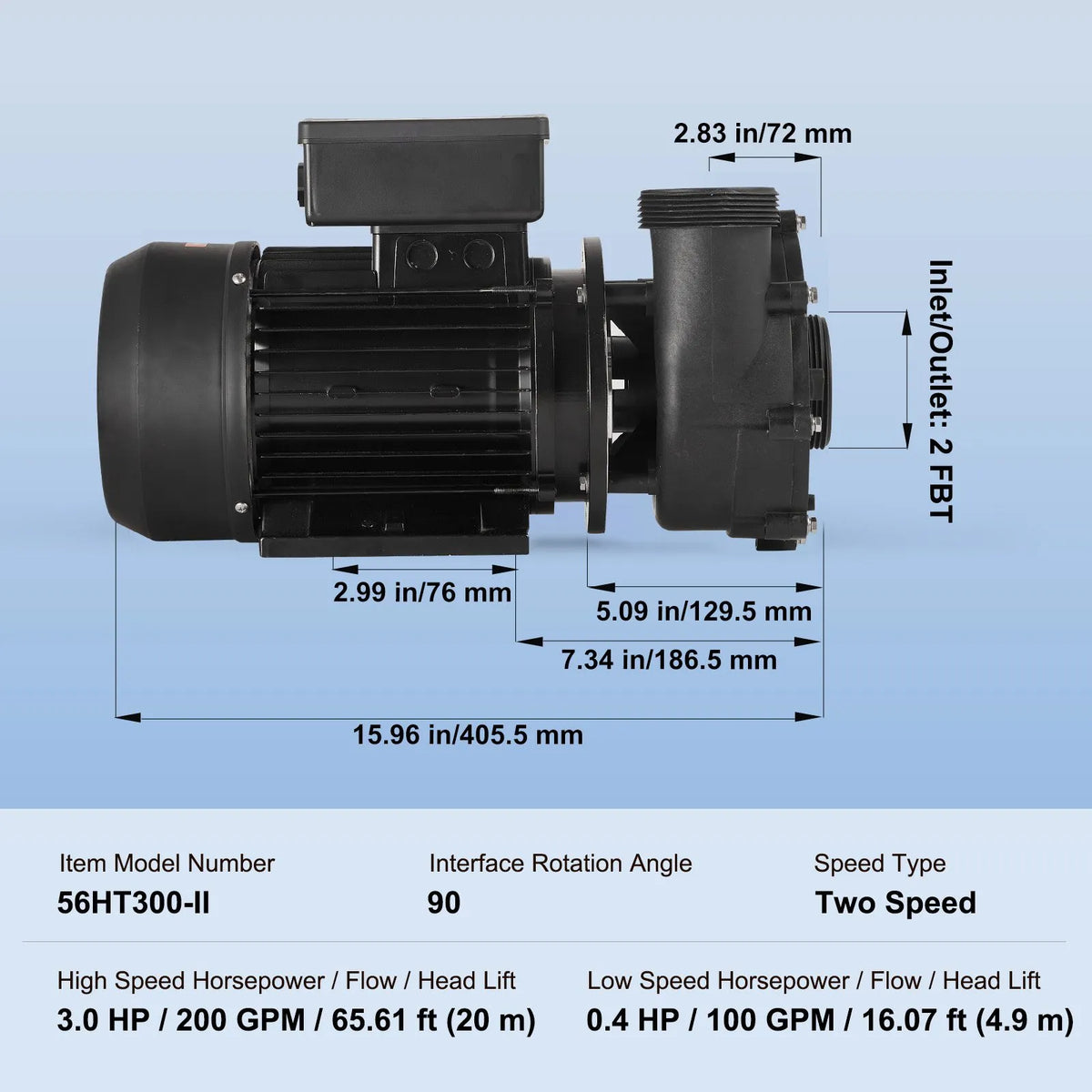 VEVOR Two-Speed SPA Pump, 56 Frame, 1600 W High Mode 39 m³/h with 15 m Head or 400 W Low Mode 19 m³/h with 3.9 m Head, Ø50 mm Connection with 90° Swivel Coupling, TÜV Certified