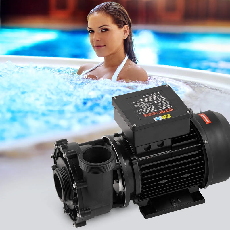 VEVOR divu ātrumu SPA sūknis, 56 rāmis, 1600 W augstais režīms 39 m³/h ar 15 m pacēlumu vai 400 W zemais režīms 19 m³/h ar 3,9 m pacēlumu, Ø50 mm pieslēgums ar 90° grozāmu savienojumu, TÜV sertificēts