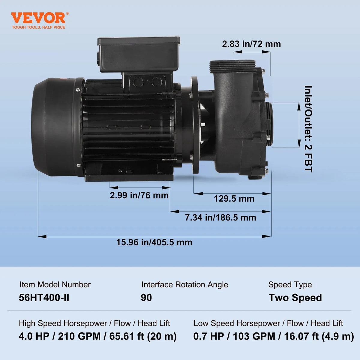 VEVOR Dual Speed SPA Pump, 56 Frame, 1900 W High Mode 43 m³/h with 18 m Head or 450 W Low Mode 21.5 m³/h with 4.4 m Head, 2″ Connection with 90° Swivel Fitting, TÜV Certified