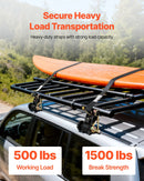 VEVOR sprūdrata stiprinājuma siksnas kāpņu bagāžniekam, stiprinājums apaļām caurulēm 47,6–50,8 mm, siksnas platums 38 mm × garums 2,25 m, ar dubultajiem J veida āķiem, kravnesība 226,8 kg, lieljaudas kravas fiksācijas siksnas, melnas, 2 gab. komplekts