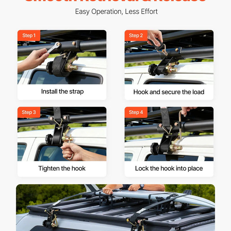 VEVOR sprūdrata stiprinājuma siksnas kāpņu bagāžniekam, stiprinājums apaļām caurulēm 47,6–50,8 mm, siksnas platums 38 mm × garums 2,25 m, ar dubultajiem J veida āķiem, kravnesība 226,8 kg, lieljaudas kravas fiksācijas siksnas, melnas, 2 gab. komplekts