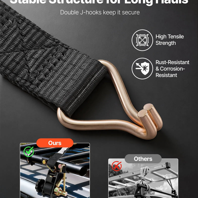 VEVOR sprūdrata stiprinājuma siksnas kāpņu bagāžniekam, stiprinājums apaļām caurulēm 47,6–50,8 mm, siksnas platums 38 mm × garums 2,25 m, ar dubultajiem J veida āķiem, kravnesība 226,8 kg, lieljaudas kravas fiksācijas siksnas, melnas, 2 gab. komplekts