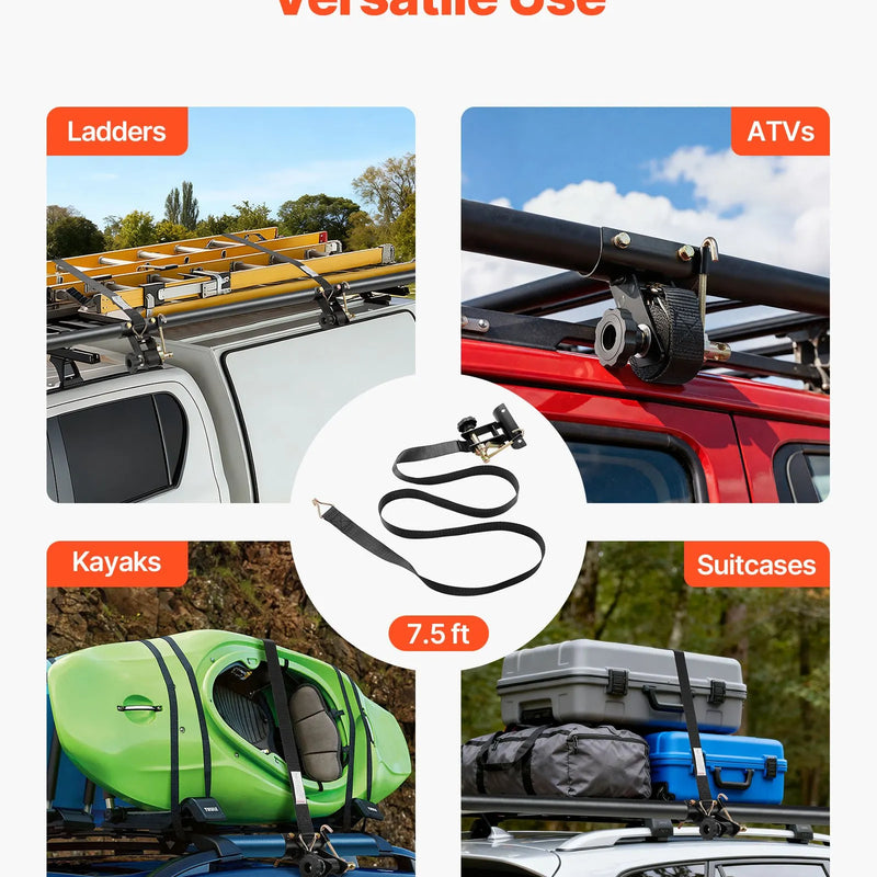 VEVOR sprūdrata stiprinājuma siksnas kāpņu bagāžniekam, stiprinājums apaļām caurulēm 47,6–50,8 mm, siksnas platums 38 mm × garums 2,25 m, ar dubultajiem J veida āķiem, kravnesība 226,8 kg, lieljaudas kravas fiksācijas siksnas, melnas, 2 gab. komplekts