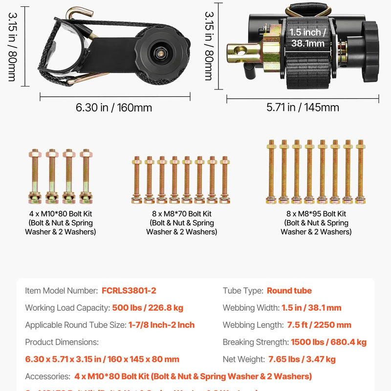 VEVOR sprūdrata stiprinājuma siksnas kāpņu bagāžniekam, stiprinājums apaļām caurulēm 47,6–50,8 mm, siksnas platums 38 mm × garums 2,25 m, ar dubultajiem J veida āķiem, kravnesība 226,8 kg, lieljaudas kravas fiksācijas siksnas, melnas, 2 gab. komplekts
