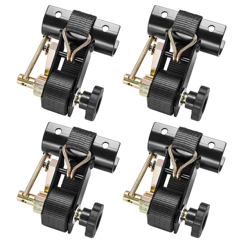 VEVOR kāpņu statņa spriegšanas siksnas, 38 mm platas × 2,25 m garas, ar dubultiem J-āķiem, piemērotas 47,6–50,8 mm melnā apaļā caurulē, smagajam kravas fiksēšanai līdz 226,8 kg, ar sprādzes bloķēšanas mehānismu (4 gab.)