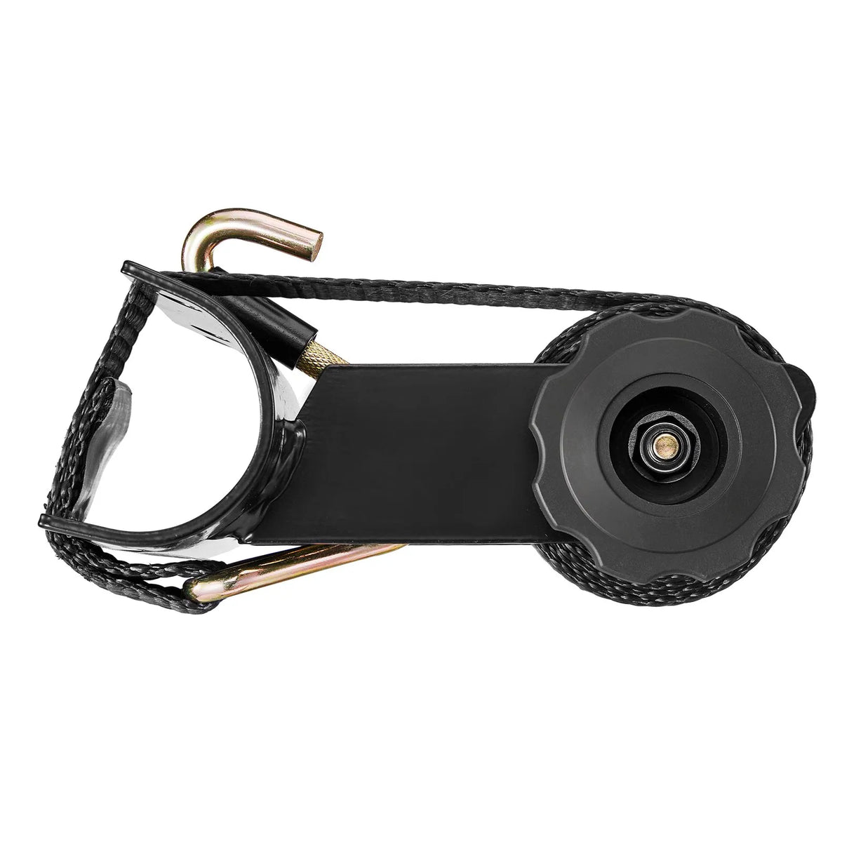 VEVOR kāpņu statņa spriegšanas siksnas, 38 mm platas × 2,25 m garas, ar dubultiem J-āķiem, piemērotas 47,6–50,8 mm melnā apaļā caurulē, smagajam kravas fiksēšanai līdz 226,8 kg, ar sprādzes bloķēšanas mehānismu (4 gab.)