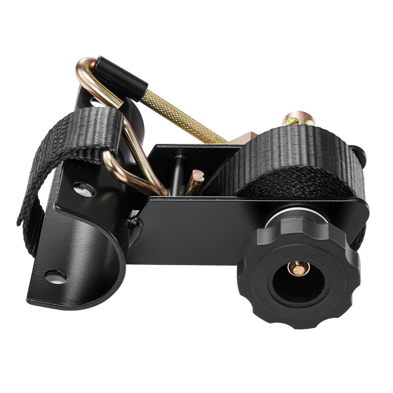 VEVOR kāpņu statņa spriegšanas siksnas, 38 mm platas × 2,25 m garas, ar dubultiem J-āķiem, piemērotas 47,6–50,8 mm melnā apaļā caurulē, smagajam kravas fiksēšanai līdz 226,8 kg, ar sprādzes bloķēšanas mehānismu (4 gab.)