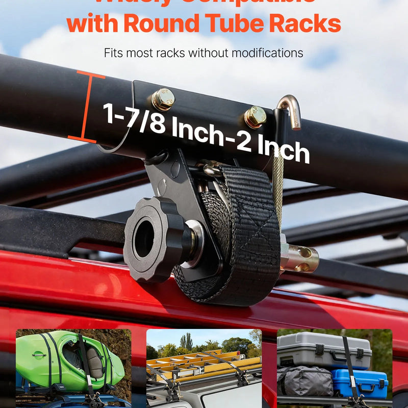 VEVOR kāpņu statņa spriegšanas siksnas, 38 mm platas × 2,25 m garas, ar dubultiem J-āķiem, piemērotas 47,6–50,8 mm melnā apaļā caurulē, smagajam kravas fiksēšanai līdz 226,8 kg, ar sprādzes bloķēšanas mehānismu (4 gab.)