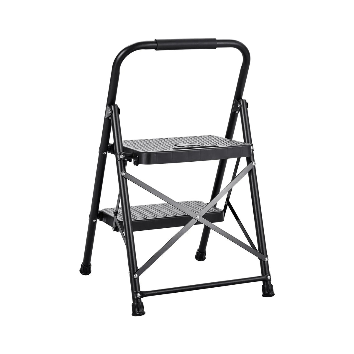VEVOR 2 pakāpju saliekamās kāpnes ar platu pretslīdes pakāpienu un ērtu rokturi, pārnēsājamas tērauda kāpnes ar 272 kg nestspēju, lietošanai virtuvē, mājās un birojā, melnas - ZEMLETES.LV
