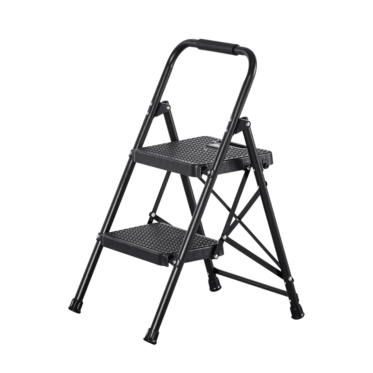 VEVOR 2 pakāpju saliekamās kāpnes ar platu pretslīdes pakāpienu un ērtu rokturi, pārnēsājamas tērauda kāpnes ar 272 kg nestspēju, lietošanai virtuvē, mājās un birojā, melnas - ZEMLETES.LV