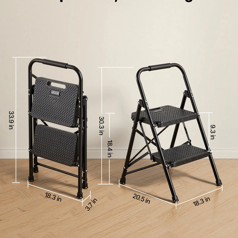 VEVOR 2 pakāpju saliekamās kāpnes ar platu pretslīdes pakāpienu un ērtu rokturi, pārnēsājamas tērauda kāpnes ar 272 kg nestspēju, lietošanai virtuvē, mājās un birojā, melnas