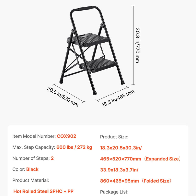 VEVOR 2 pakāpju saliekamās kāpnes ar platu pretslīdes pakāpienu un ērtu rokturi, pārnēsājamas tērauda kāpnes ar 272 kg nestspēju, lietošanai virtuvē, mājās un birojā, melnas