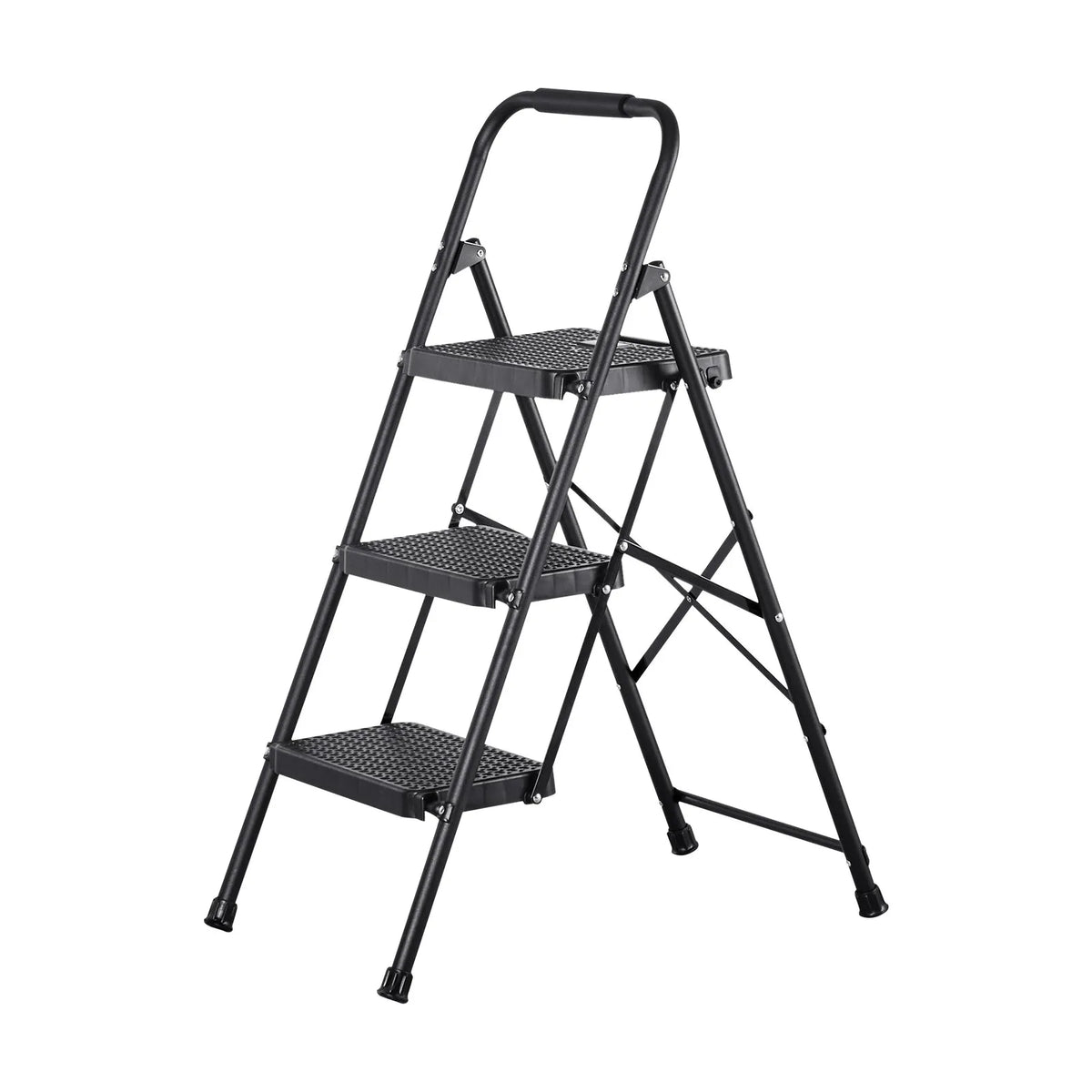VEVOR 3 pakāpju saliekamās kāpnes ar platu pretslīdes pakāpienu un ērtu rokturi, pārnēsājamas tērauda kāpnes ar 272 kg nestspēju, lietošanai virtuvē, mājās un birojā, melnas - ZEMLETES.LV