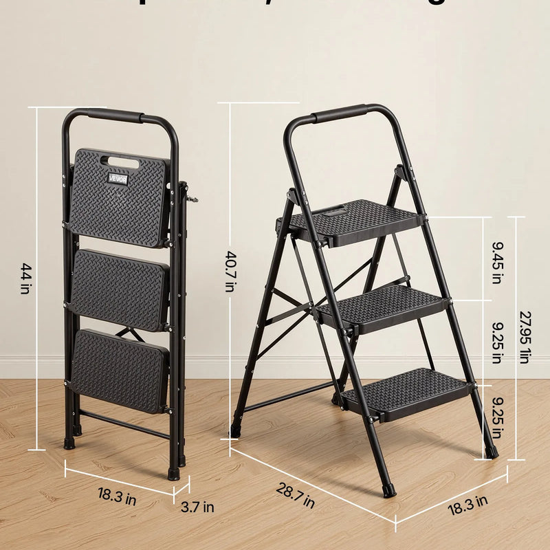 VEVOR 3 pakāpju saliekamās kāpnes ar platu pretslīdes pakāpienu un ērtu rokturi, pārnēsājamas tērauda kāpnes ar 272 kg nestspēju, lietošanai virtuvē, mājās un birojā, melnas