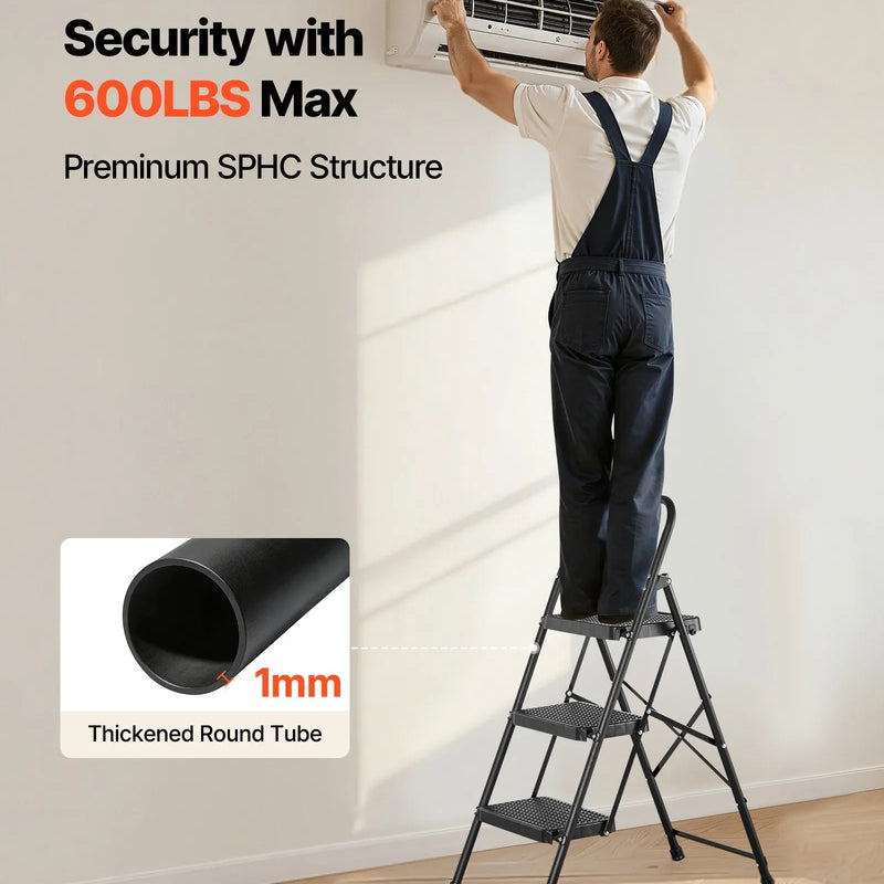 VEVOR 3 pakāpju saliekamās kāpnes ar platu pretslīdes pakāpienu un ērtu rokturi, pārnēsājamas tērauda kāpnes ar 272 kg nestspēju, lietošanai virtuvē, mājās un birojā, melnas