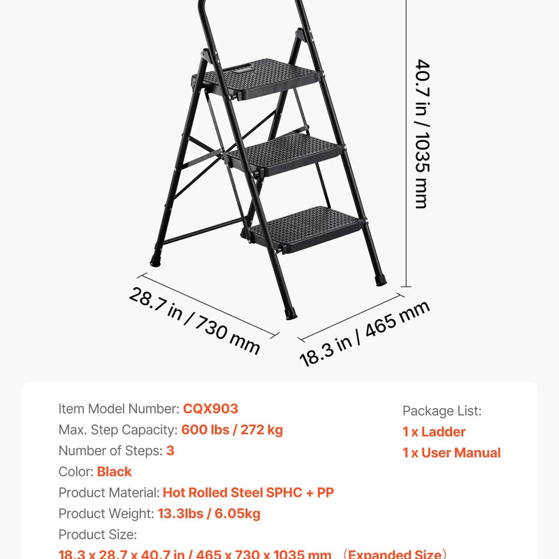 VEVOR 3 pakāpju saliekamās kāpnes ar platu pretslīdes pakāpienu un ērtu rokturi, pārnēsājamas tērauda kāpnes ar 272 kg nestspēju, lietošanai virtuvē, mājās un birojā, melnas