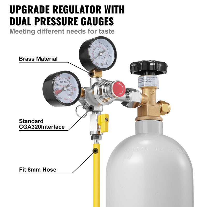 VEVOR CO2 Regulatōrs ar diviem manometriem, 0-4 bar, ar pārbaudes vārstu, regulējams spiediens alus iekārtām un mājas alus darīšanai