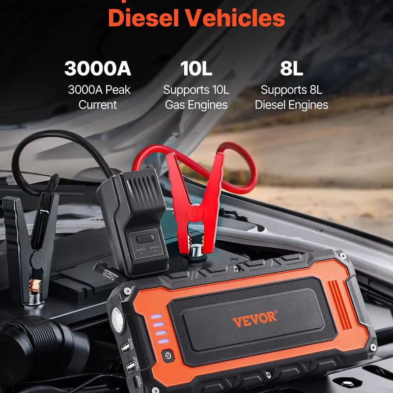 VEVOR automašīnas palaišanas ierīce ar gaisa kompresoru, 3000 A starta strāva, 59,2 Wh litija akumulators, LCD displejs, LED apgaismojums un palaišanas kabeļi, pārnēsājams starteris līdz 10 L benzīna un 8 L dīzeļdzinējiem