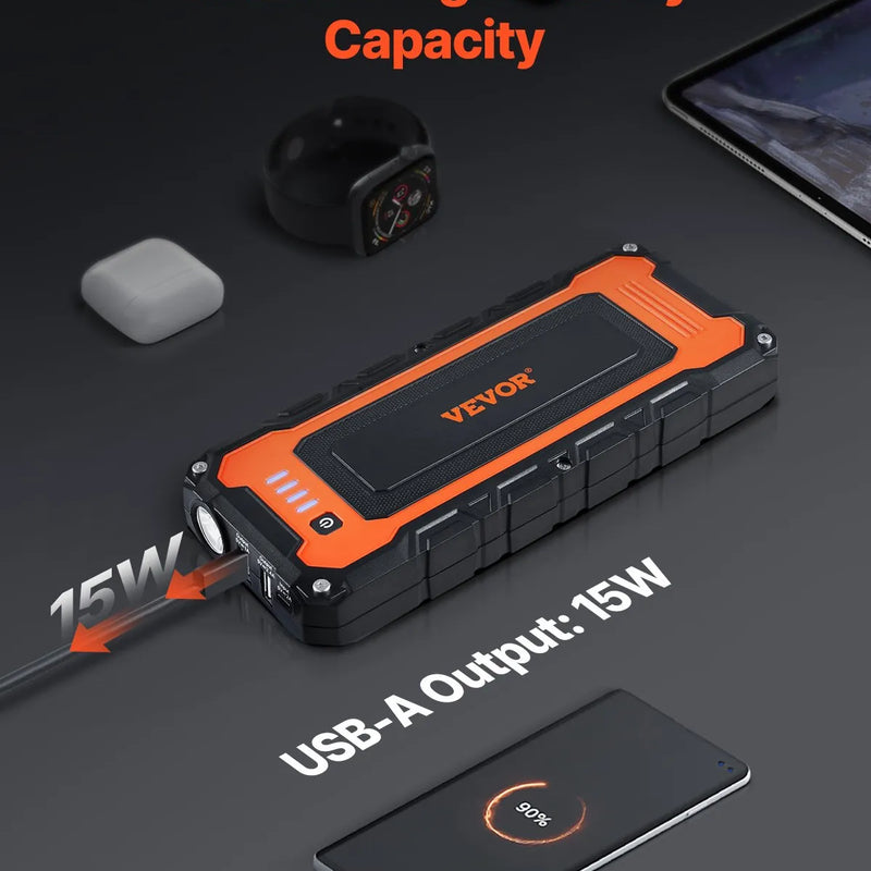 VEVOR automašīnas palaišanas ierīce ar gaisa kompresoru, 3000 A starta strāva, 59,2 Wh litija akumulators, LCD displejs, LED apgaismojums un palaišanas kabeļi, pārnēsājams starteris līdz 10 L benzīna un 8 L dīzeļdzinējiem