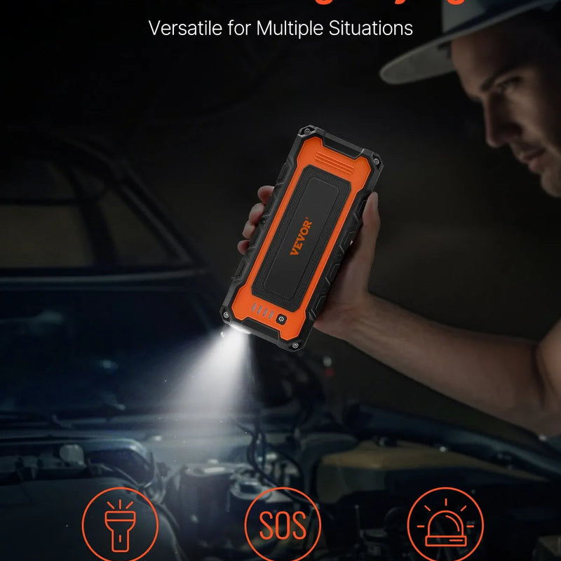 VEVOR automašīnas palaišanas ierīce ar gaisa kompresoru, 3000 A starta strāva, 59,2 Wh litija akumulators, LCD displejs, LED apgaismojums un palaišanas kabeļi, pārnēsājams starteris līdz 10 L benzīna un 8 L dīzeļdzinējiem