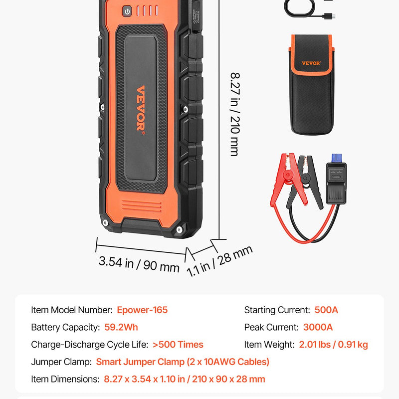 VEVOR automašīnas palaišanas ierīce ar gaisa kompresoru, 3000 A starta strāva, 59,2 Wh litija akumulators, LCD displejs, LED apgaismojums un palaišanas kabeļi, pārnēsājams starteris līdz 10 L benzīna un 8 L dīzeļdzinējiem