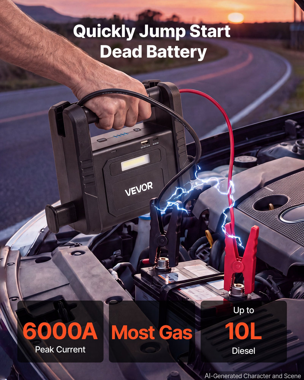 VEVOR auto starteris 12 V, 6000 A, līdz 10 l dīzeļdzinējiem