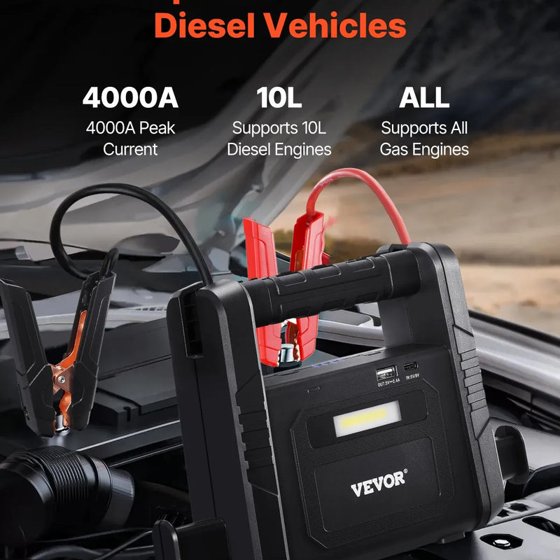 VEVOR automašīnas palaišanas ierīce ar gaisa kompresoru, 4000 A starta strāva, 88,8 Wh litija akumulators, LCD displejs, LED apgaismojums un palaišanas kabeļi, pārnēsājams starteris benzīna un līdz 10 L dīzeļdzinējiem