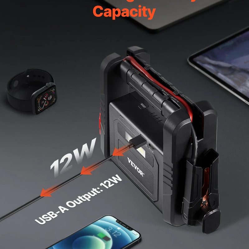 VEVOR automašīnas palaišanas ierīce ar gaisa kompresoru, 4000 A starta strāva, 88,8 Wh litija akumulators, LCD displejs, LED apgaismojums un palaišanas kabeļi, pārnēsājams starteris benzīna un līdz 10 L dīzeļdzinējiem