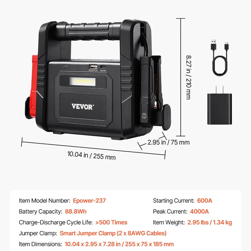 VEVOR automašīnas palaišanas ierīce ar gaisa kompresoru, 4000 A starta strāva, 88,8 Wh litija akumulators, LCD displejs, LED apgaismojums un palaišanas kabeļi, pārnēsājams starteris benzīna un līdz 10 L dīzeļdzinējiem