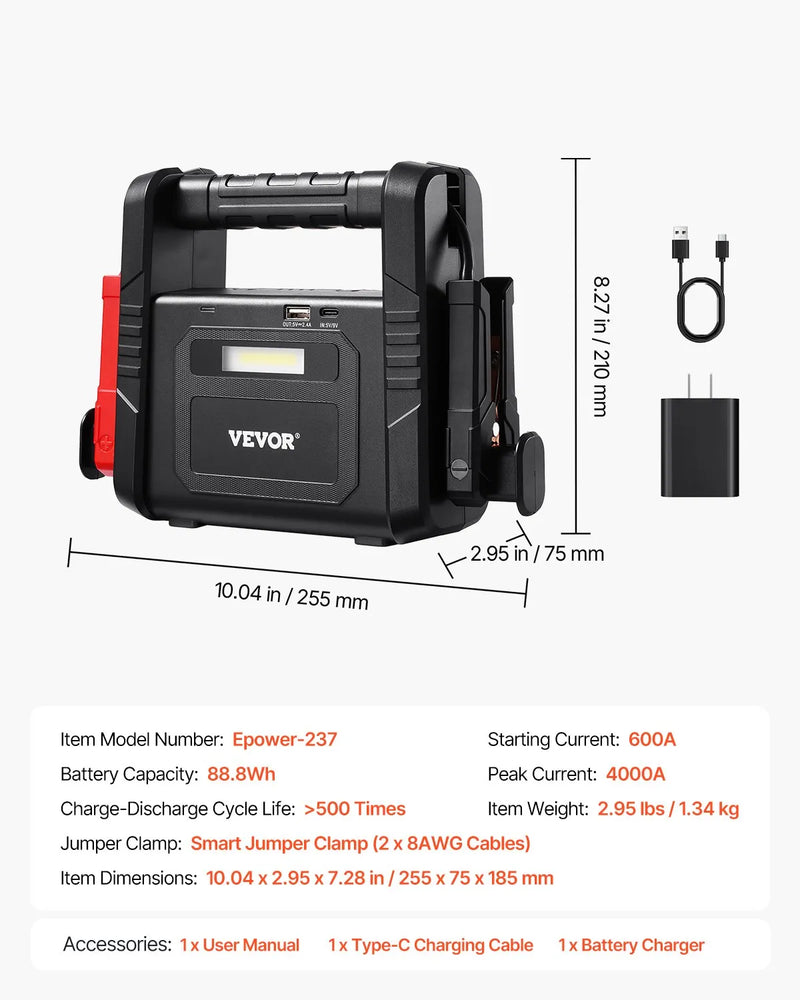 VEVOR automašīnas palaišanas ierīce ar gaisa kompresoru, 4000 A starta strāva, 88,8 Wh litija akumulators, LCD displejs, LED apgaismojums un palaišanas kabeļi, pārnēsājams starteris benzīna un līdz 10 L dīzeļdzinējiem