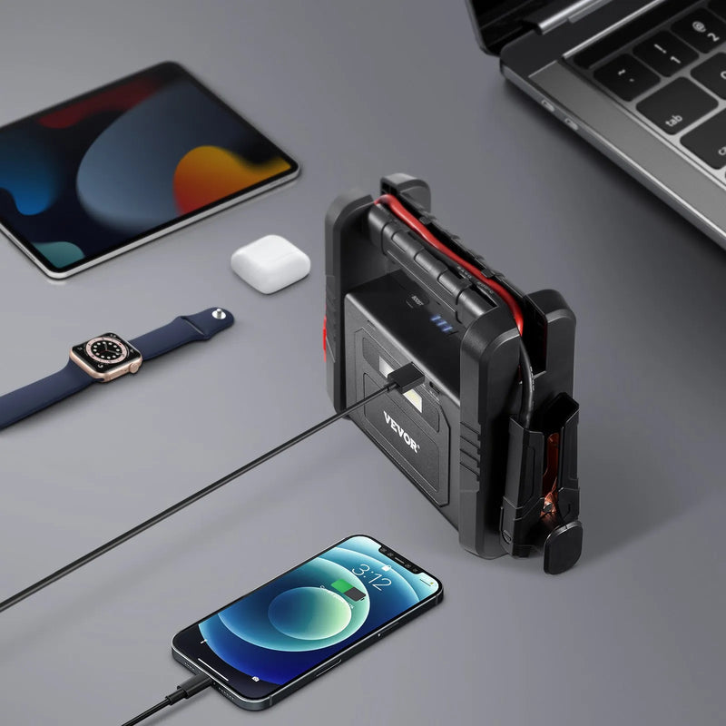 VEVOR automašīnas palaišanas ierīce ar gaisa kompresoru, 4000 A starta strāva, 88,8 Wh litija akumulators, LCD displejs, LED apgaismojums un palaišanas kabeļi, pārnēsājams starteris benzīna un līdz 10 L dīzeļdzinējiem