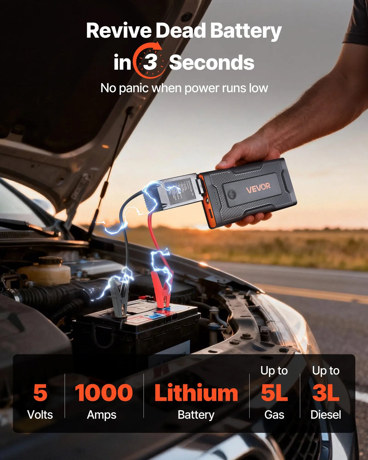 VEVOR auto iedarbināšanas starteris 1000 A, 12 V portatīvs litija akumulatora pastiprinātājs ar starta kabeļiem un 3 režīmu LED lukturīti, piemērots benzīna dzinējiem līdz 5 l un dīzeļdzinējiem līdz 3 l - ZEMLETES.LV
