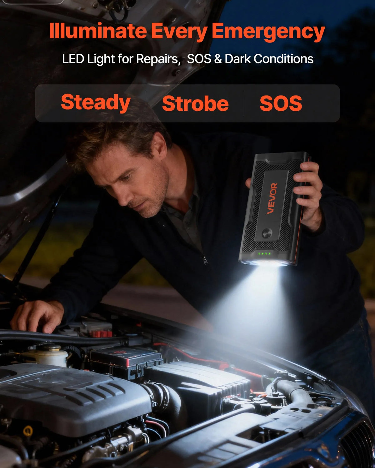 VEVOR auto iedarbināšanas starteris 1000 A, 12 V portatīvs litija akumulatora pastiprinātājs ar starta kabeļiem un 3 režīmu LED lukturīti, piemērots benzīna dzinējiem līdz 5 l un dīzeļdzinējiem līdz 3 l - ZEMLETES.LV