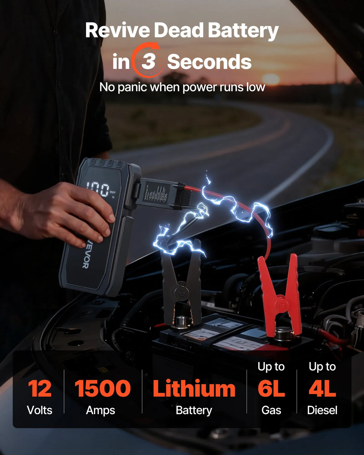 VEVOR auto iedarbināšanas starteris 1500 A, 12 V portatīvs litija akumulatora pastiprinātājs ar starta kabeļiem un 3 režīmu LED lukturīti, piemērots benzīna dzinējiem līdz 6 l un dīzeļdzinējiem līdz 4 l - ZEMLETES.LV