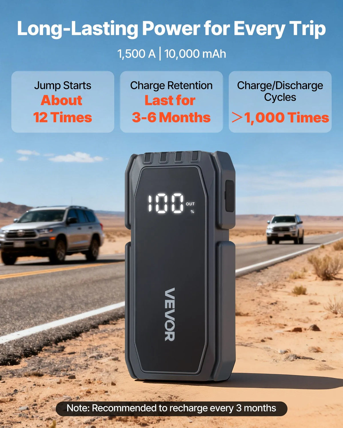 VEVOR auto iedarbināšanas starteris 1500 A, 12 V portatīvs litija akumulatora pastiprinātājs ar starta kabeļiem un 3 režīmu LED lukturīti, piemērots benzīna dzinējiem līdz 6 l un dīzeļdzinējiem līdz 4 l - ZEMLETES.LV