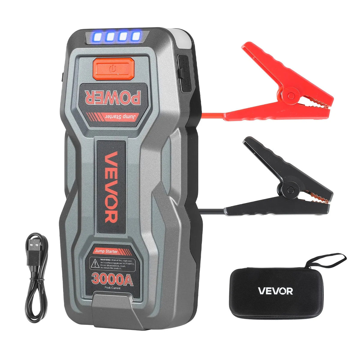 VEVOR auto iedarbināšanas starteris 3000 A, 12 V portatīvs litija akumulatora pastiprinātājs ar starta kabeļiem un 3 režīmu lukturīti, piemērots benzīna dzinējiem līdz 9 l un dīzeļdzinējiem līdz 7 l - ZEMLETES.LV
