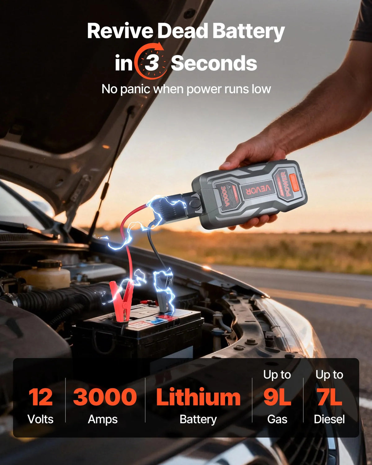 VEVOR auto iedarbināšanas starteris 3000 A, 12 V portatīvs litija akumulatora pastiprinātājs ar starta kabeļiem un 3 režīmu lukturīti, piemērots benzīna dzinējiem līdz 9 l un dīzeļdzinējiem līdz 7 l - ZEMLETES.LV