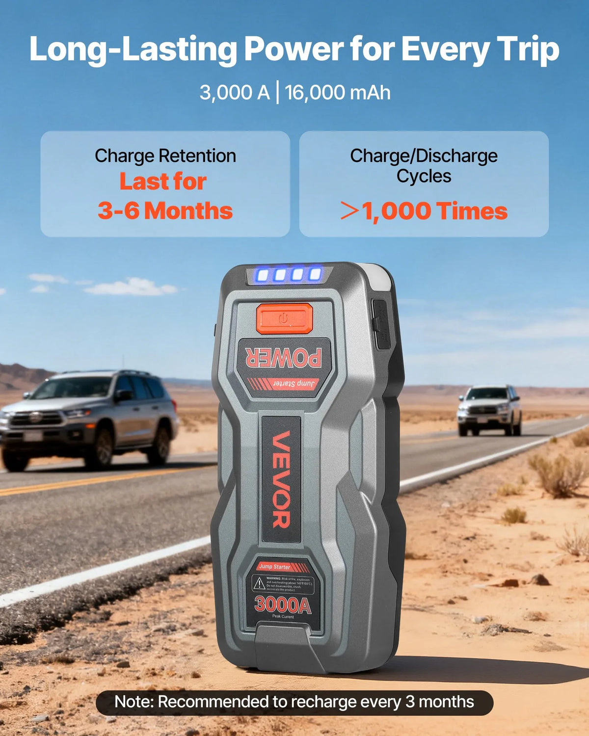 VEVOR auto iedarbināšanas starteris 3000 A, 12 V portatīvs litija akumulatora pastiprinātājs ar starta kabeļiem un 3 režīmu lukturīti, piemērots benzīna dzinējiem līdz 9 l un dīzeļdzinējiem līdz 7 l - ZEMLETES.LV