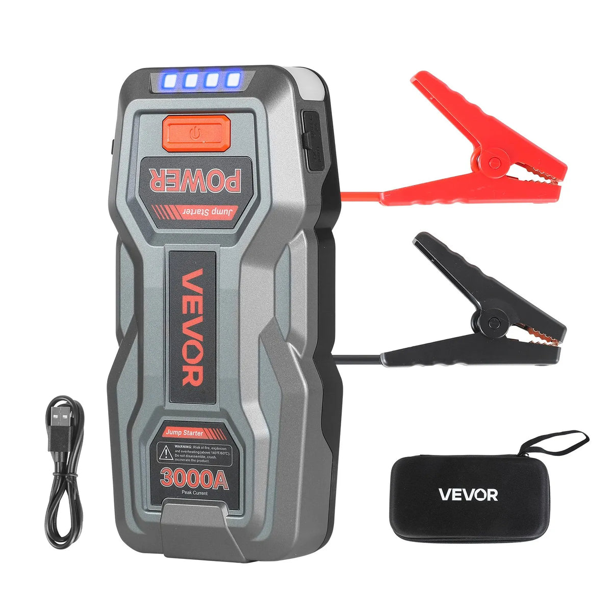 VEVOR auto iedarbināšanas starteris 3000 A, 12 V portatīvs litija akumulatora pastiprinātājs ar starta kabeļiem un 3 režīmu lukturīti, piemērots benzīna dzinējiem līdz 9 l un dīzeļdzinējiem līdz 7 l - ZEMLETES.LV
