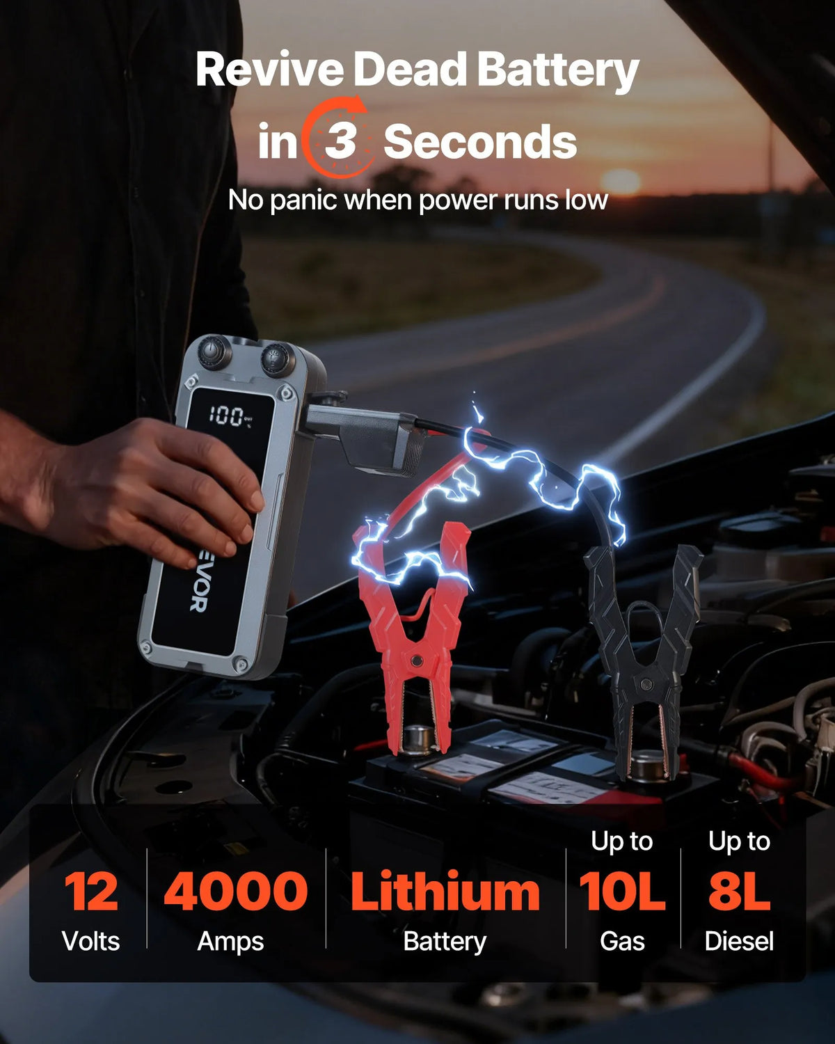 VEVOR auto iedarbināšanas starteris 4000 A, 12 V portatīvs litija akumulatora pastiprinātājs ar starta kabeļiem un 3 režīmu LED lukturīti, piemērots benzīna dzinējiem līdz 10 l un dīzeļdzinējiem līdz 8 l - ZEMLETES.LV