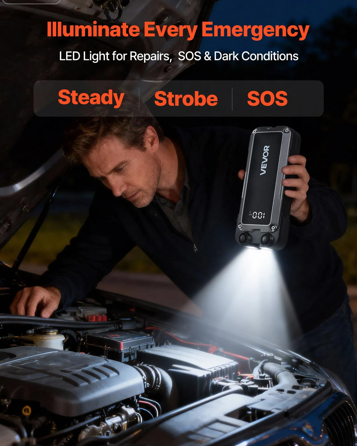 VEVOR auto iedarbināšanas starteris 4000 A, 12 V portatīvs litija akumulatora pastiprinātājs ar starta kabeļiem un 3 režīmu LED lukturīti, piemērots benzīna dzinējiem līdz 10 l un dīzeļdzinējiem līdz 8 l - ZEMLETES.LV
